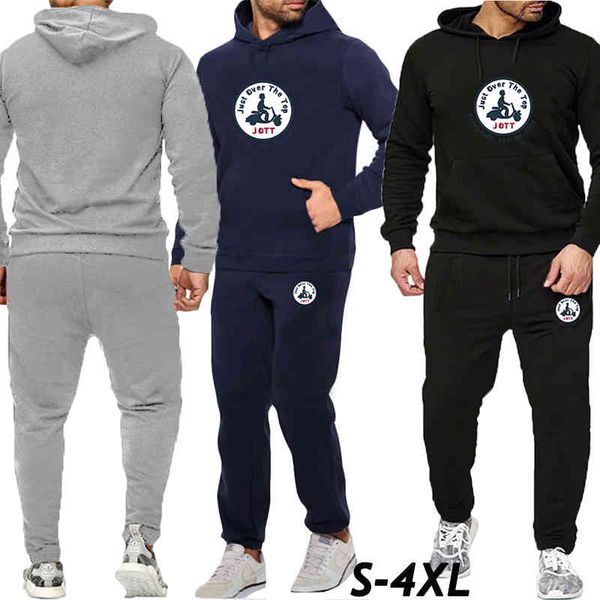 

2021 autumn winter fashion jott printed design men's clothing solid color hooded sweater + jogging leisure pants tracksuit, Gray