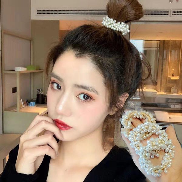 

hair accessories south korea pearl rope net red circle head simple pure color bracelet band high elastic ponytail headdress, Slivery;white