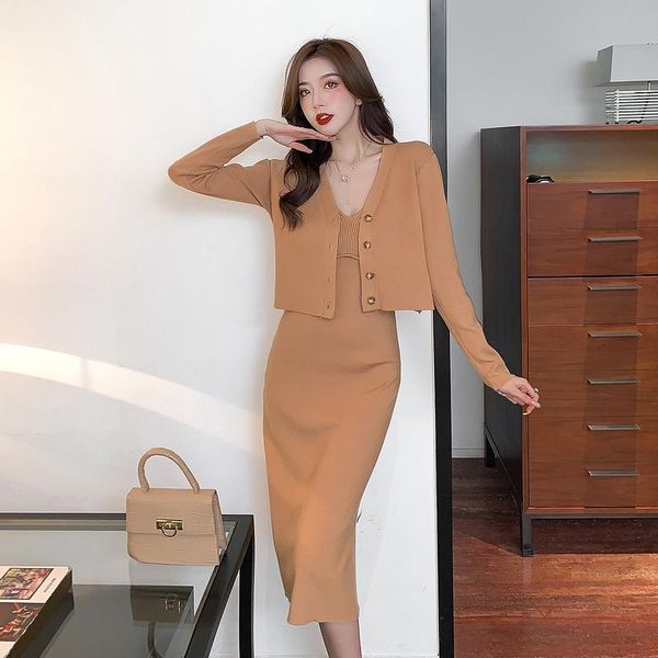 

casual dresses real s knitted dress 2021 fashion suit sling cardigan jacket two-piece, Black;gray