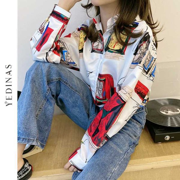 

yedinas spring fashion blouse shirt women vintage print blouses female loose long sleeve chic streetwear plus size 210527, White