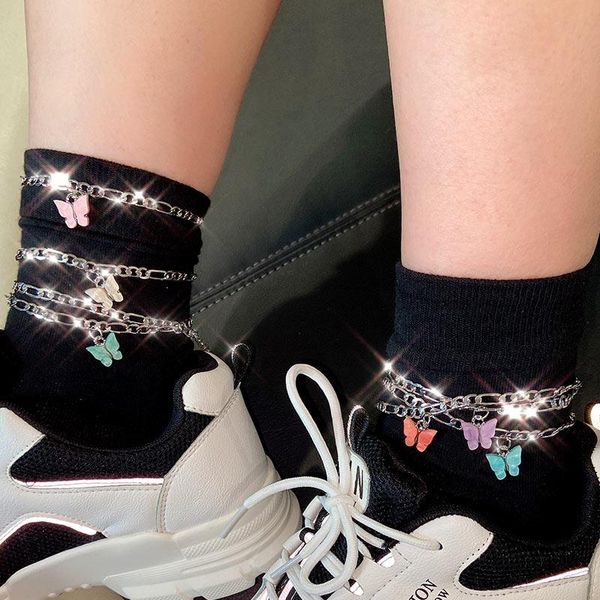 

anklets acrylic butterfly bracelets for women girls trendy silver color metal barefoot chain anklet sandals jewelry, Red;blue