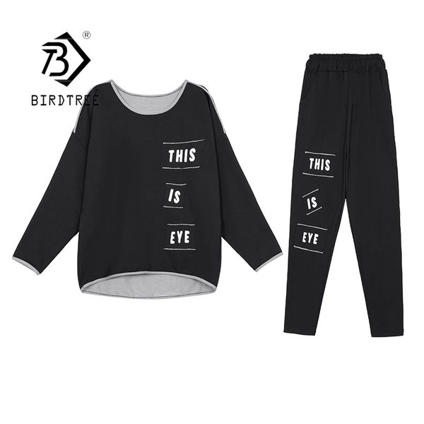 

spring casual iregular letter tracksuits o-neck long sleeve jumpers & elastic waist pants women cotton 2 pieces set s11001x 210419, White