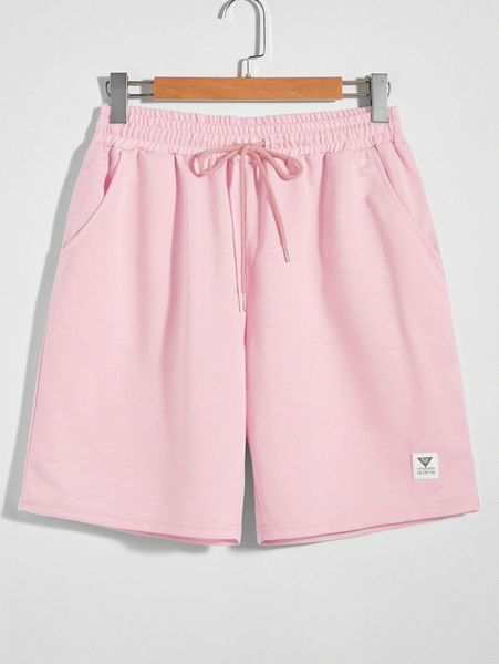 

men patched drawstring waist shorts 77b8#, Black