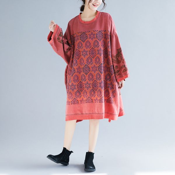 

hoodies women's sweater autumn round neck mid-length sweater, old printing personality plus size bat sleeve dress, Black