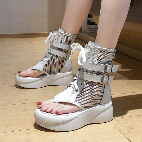

sandals 2021 hollow out female short boots fashion soft leather pu mixed air mesh women ankle thick platform shoes, Black