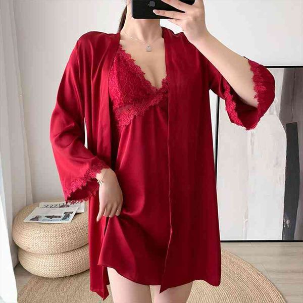 

bridal wedding sleepwear satin 2pcs robe set kimono gown v-neck bridesmaid bathrobe spaghetti strap nightgown intimate lingerie, Black;red