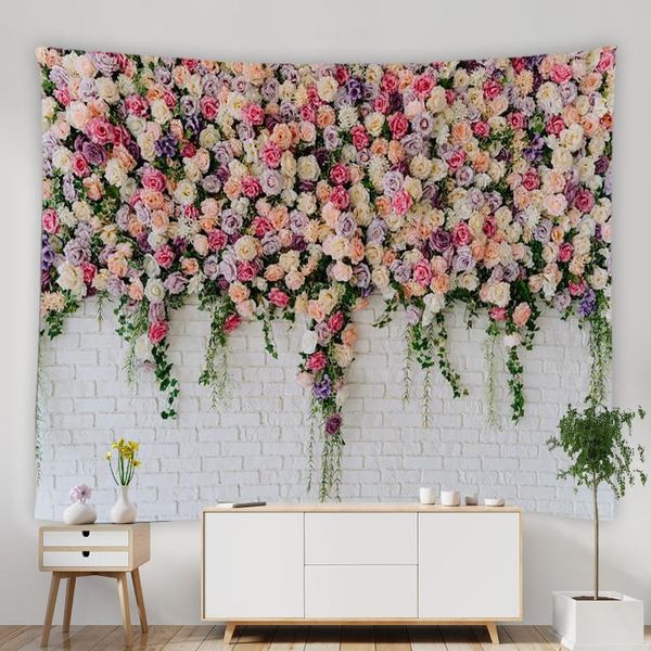 

tapestries pink rose flower wall big tapestry green leaves vine vintage brick wooden board living room bedroom cloth home decor