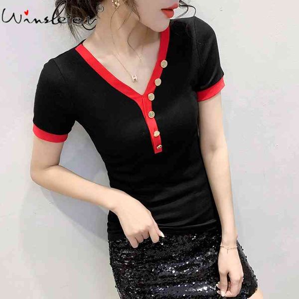 

women's t-shirt summer european style cotton fashion v-neck button women casual short sleeve contrast color tees t13914a, White