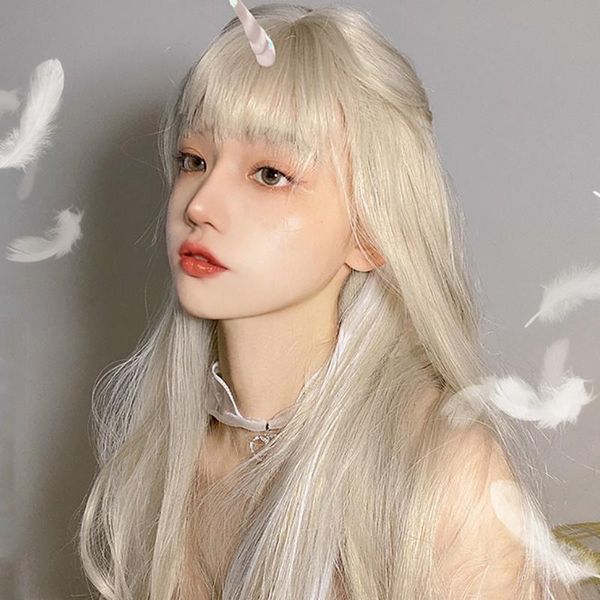 

synthetic wigs cosplay lolita high temperature resistant fiber female long straight hair light golden air bangs full wig fluffy cute, Black