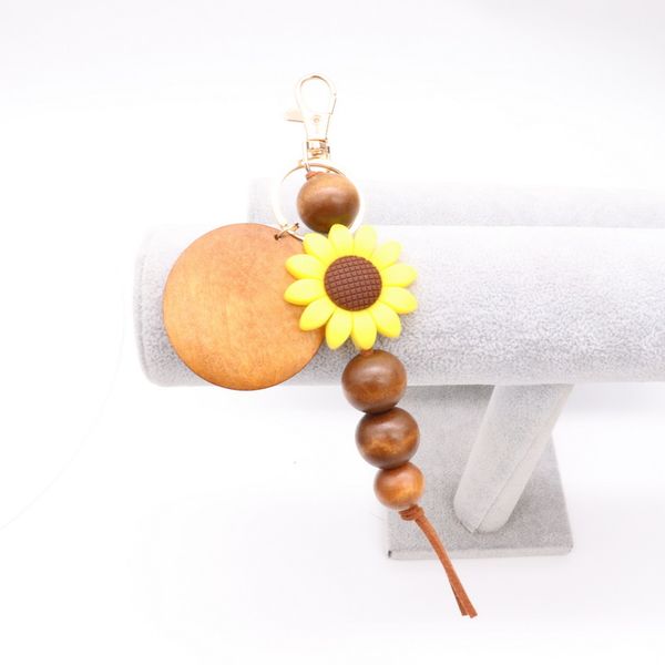 

foreign trade wooden bead silicone sun flower keychain can print round key ring, Silver