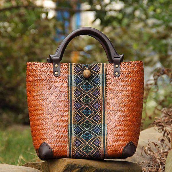 

woven bag straw bamboo brown stuff sackstotes straw women's hand leisure vacation