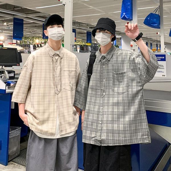 

men's casual shirts hybskr harajuku oversized men shirt hanging chain short sleeve plaid for man streetwear fashion clothing, White;black
