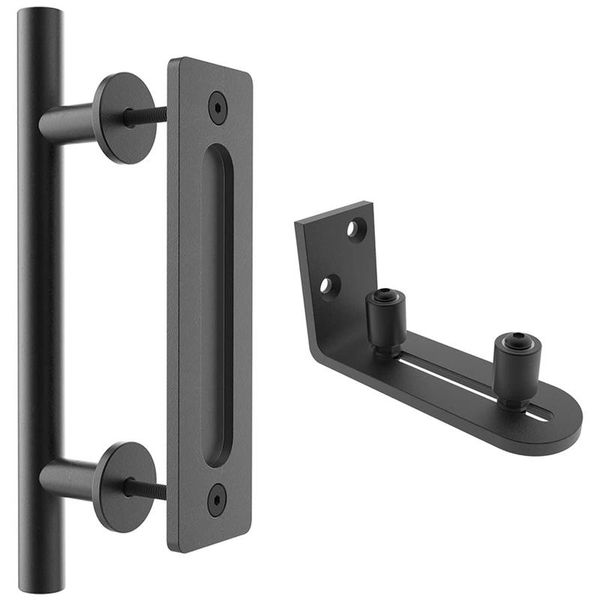 

handles & pulls 12 inch sliding barn door handle pull and flush hardware set with floor guide, rustic black (1 set)