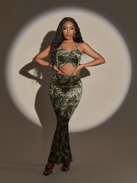 

leopard print cut out tie backless ruched flare leg halter jumpsuit p3br#, White