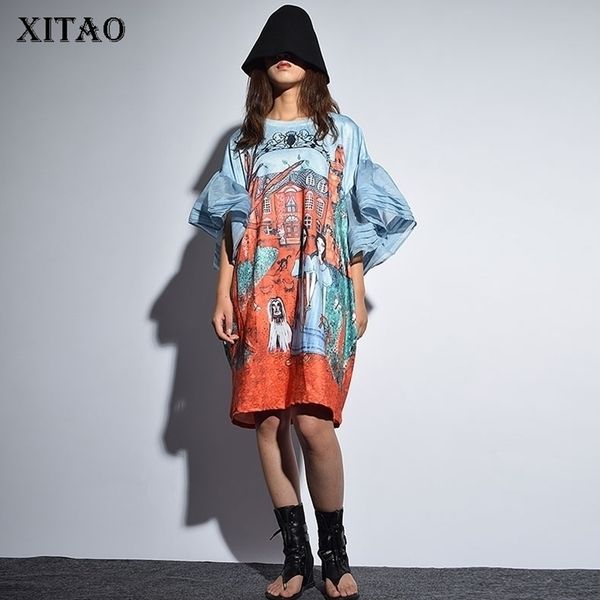 [Xitao] outono coreia moda novo o-pescoço de manga cheia vestido solto feminino meia manga babados desenho animado acima do joelho vestido kzh432 210329