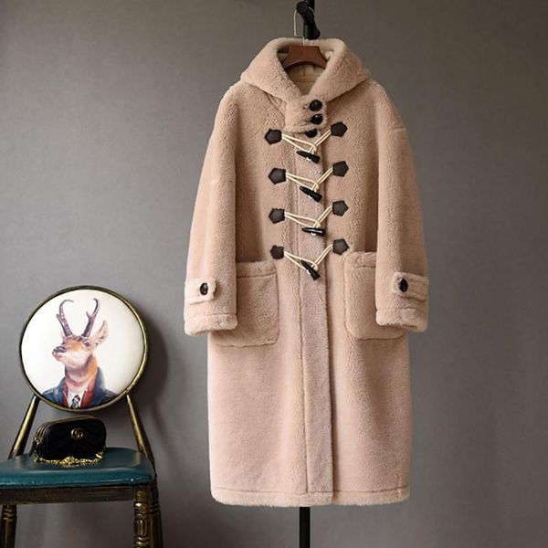 

women's wool & blends fashion horn button cashmere long coat women casual sleeve with hood straight autumn winter coffee khaki jacket, Black