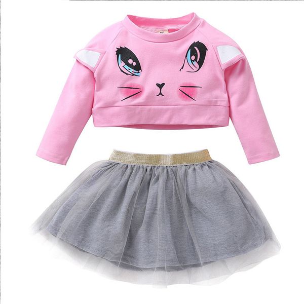 

spring autumn cartoon children's clothing two-piece girl cute cat printing long-sleeved t-shirt + mesh skirt infant casu 210515, White