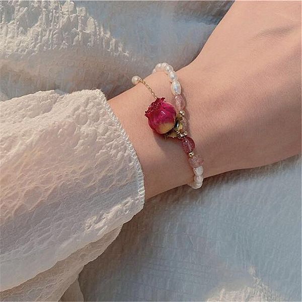 

beaded, strands fflacell niche design immortal flower retro dried natural freshwater pearl female ins net red tassel party bracelet, Black