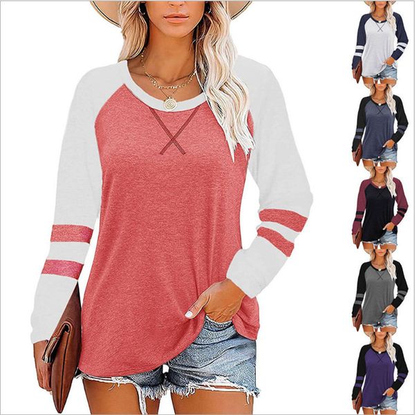 

tees women's t-shirt 2021 autumn and winter selling color blocking round neck belted long sleeve casual loose t-shirt, White