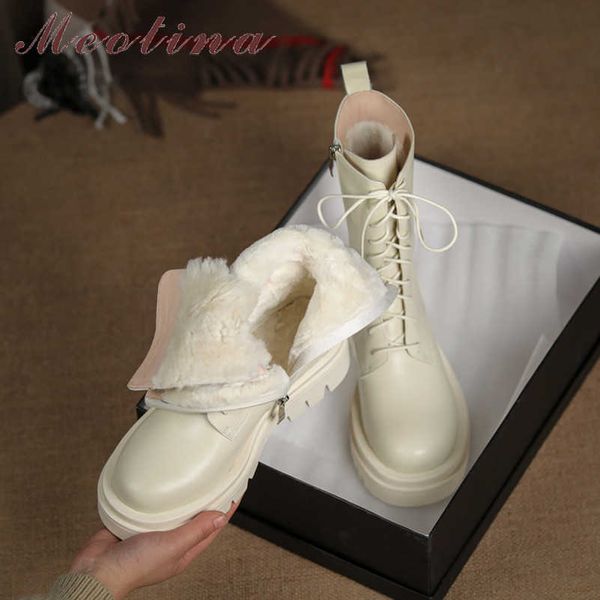 

meotina real leather high heel motorcycle boots woman wool platform block heel ankle boots lace up short boots zip lady shoes 42 210608, Black