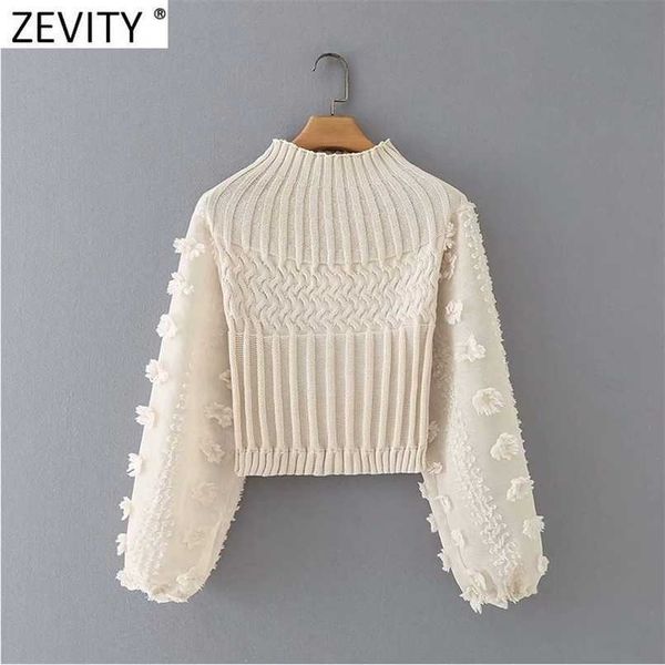 

zevity women fashion appliques chiffon lantern sleeve patchwork short knitting sweater ladies chic pullovers s631 211120, White;black