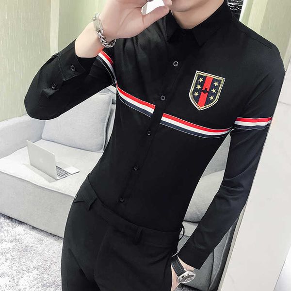 

brand fall mens dress shirts casual streetwear slim fit men shirt long sleeve night club work social shirt size plus s-5xl 210527, White;black