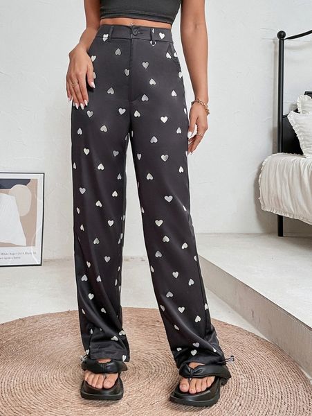 

high waist heart print straight leg pants s32a#, Black;white