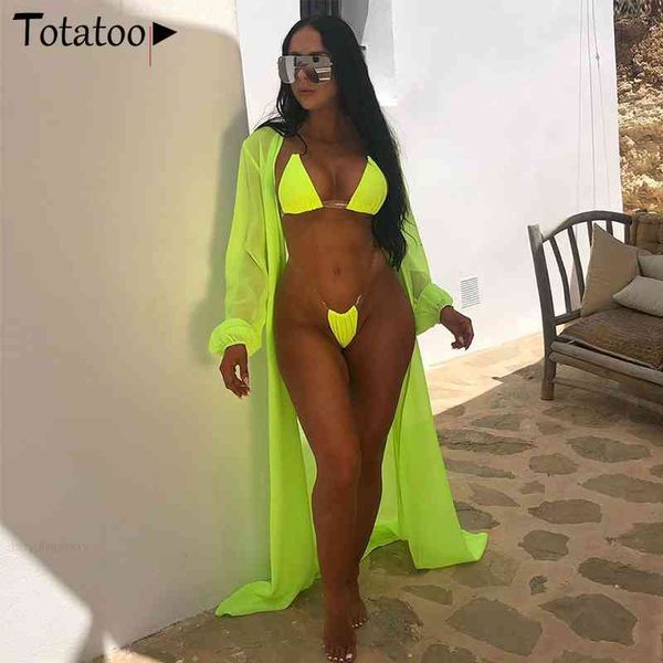 

bikini fashion 3 piece set 2021 women summer transparent novgirl strap swimwear and long chiffon cover up outfit beach suit neon, White;black