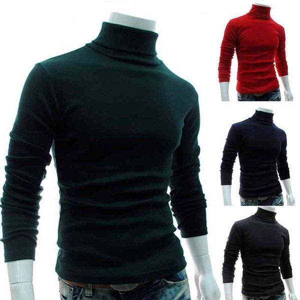 

wholal autumn men solid color turtle neck long sve sweater slim knitted pullover top, Black