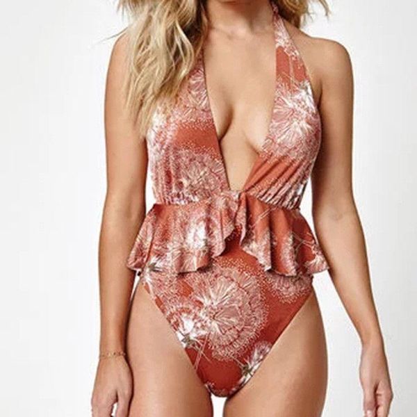 

one-piece suits summer women one piece bikini push-up deep v-neck ruffle backless bandage print swimwear swimsuit bathing beachwear