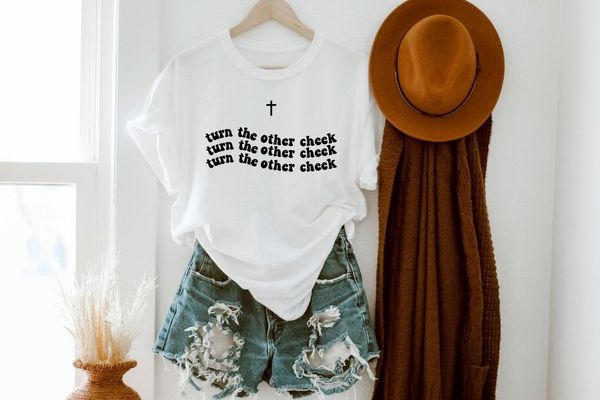 

turn the other cheek christian cross t-shirt funny women tumblr 100% cotton quote casual hipster fashion tee tshirt women's, White