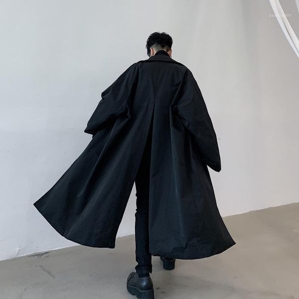 

men's trench coats male vintage japan streetwear coat windbreaker outerwear overcoat men loose casual long cardigan jacket, Tan;black