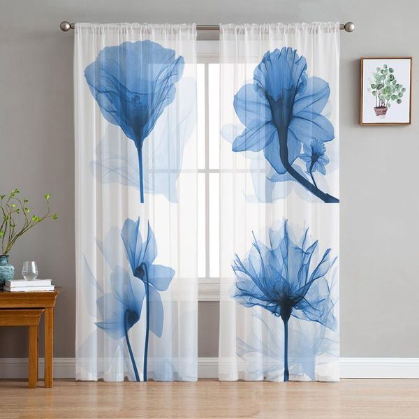 

curtain & drapes modern sheer curtains blue transparent flower living room kitchen children's decoration household chiffon window