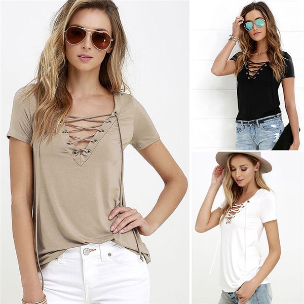 

women's t-shirt fashion solid female t-shirt short sleeve deep v neck bandage women lace up black casual tee femme tshir, White