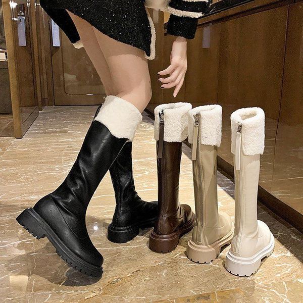 

boots women knee high shoes natural genuine leather platform riding zipper ladies long autumn beige black 40