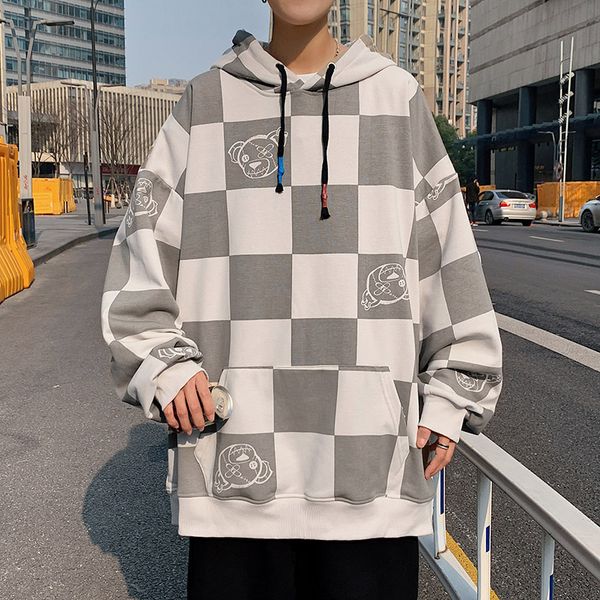 

autumn men's hoodies ins bear grid loose hooded sweaters new harajuku hip hop fashion streetwear men, Black