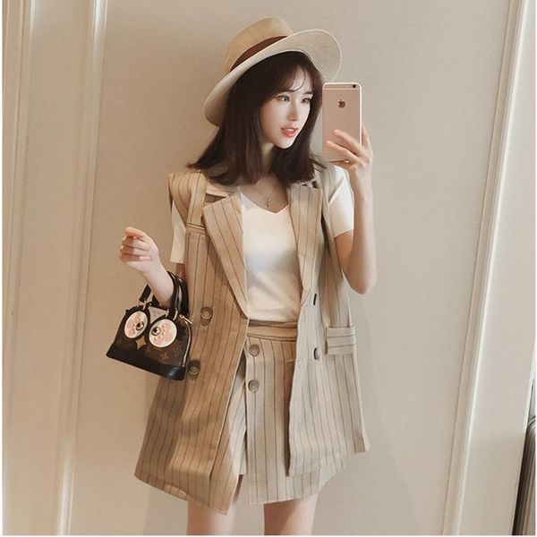 

women's vests 2021 fashion blazer vest 2 pieces set sleeveless female jacket coat strip suit office lady skirt wonder store, Black;white