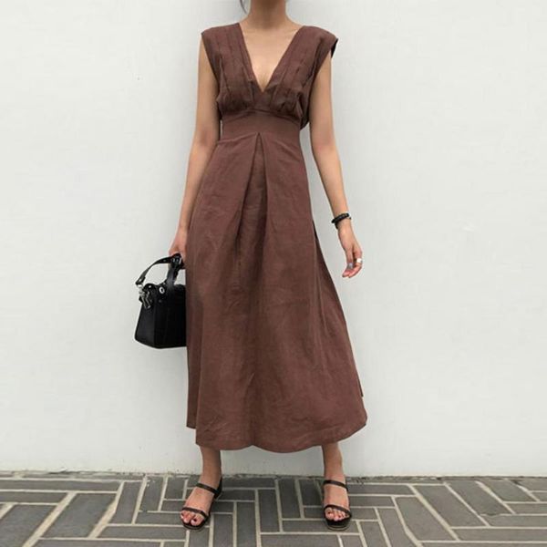

casual dresses dress women sleeveless 2021 summer simple japanese v-neck cotton linen vest long korean style solid color, Black;gray