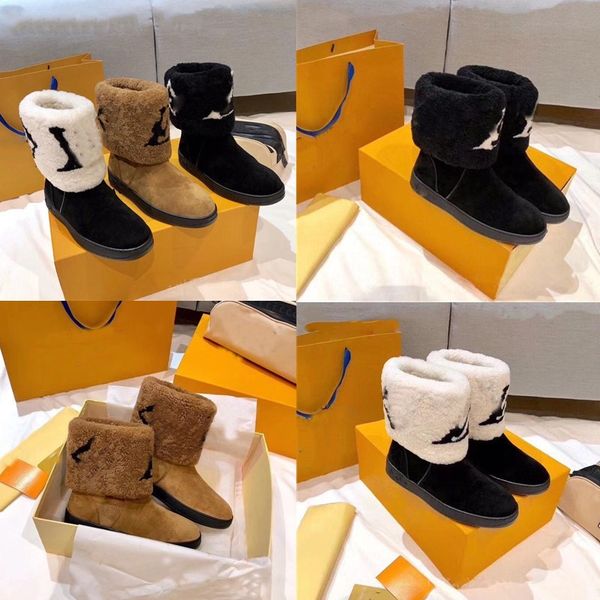 

2021 designer women boots snow leather laureate flat casual shoes soft winter warm girls sheepskin brown black shoe luxury plush fur half