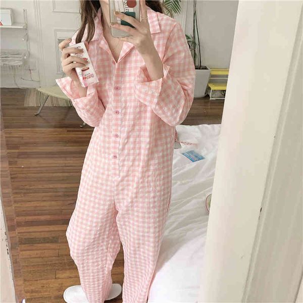 

sleepwear plaid cotton ins fashion long sleeve sleepwear girls sweet lovely loose pajamas women cute home wear jumpsuit, Black;red
