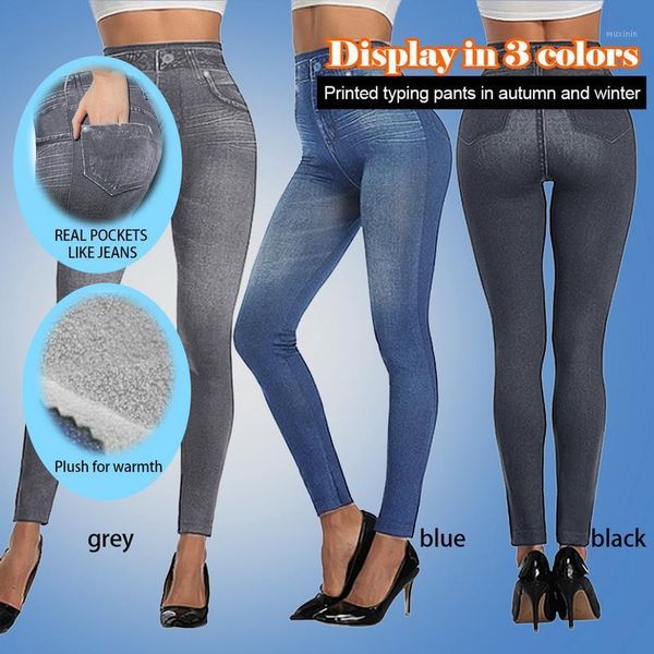 

puimentiua slim women leggings faux denim jeans long pocket printing thick winter casual pencil pants