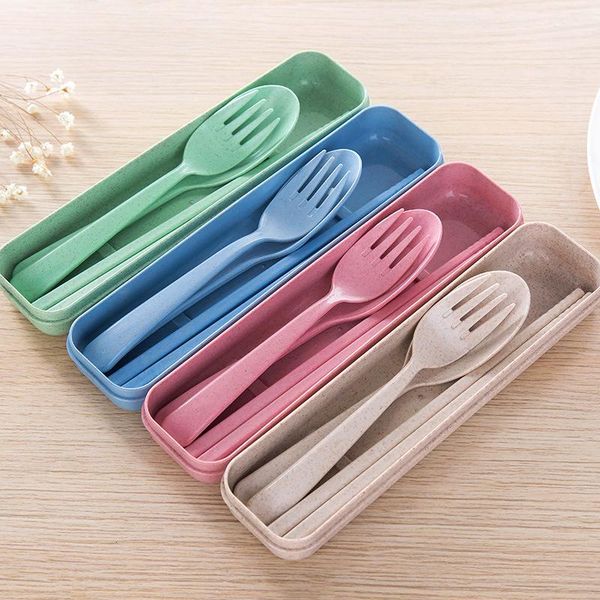 

dinnerware sets wheat straw tableware set chopsticks spoon fork 3pcs with box dinner service adults work children outdoor travel picnic supp