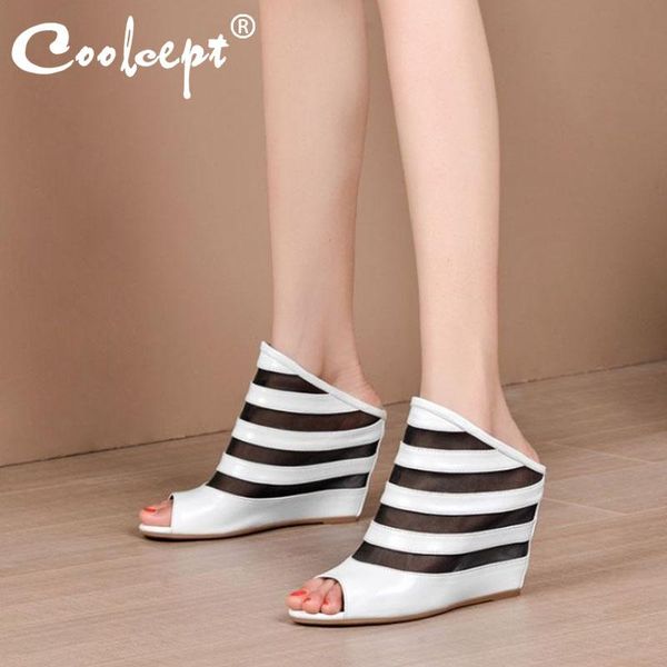 

dress shoes coolcept design women sandals fashion wedges heels peep toe modern genuine leather footwear size 34-39, Black