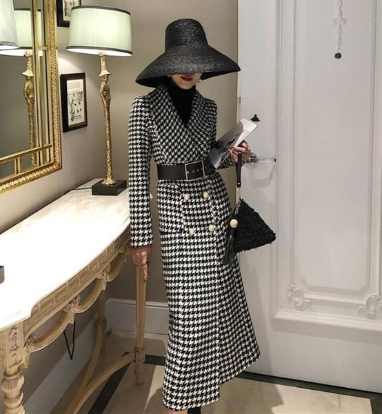 

women's wool & blends autumn winter houndstooth tweed woolen jackets and coats women fashion ol long plaid overcoat outerwear s779, Black
