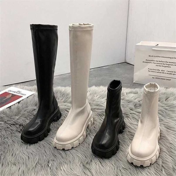 

women's leather platform motorcycle boots winter women knee high boots ladies slip on mid heels female fashion pumps woman shoes 211204, Black