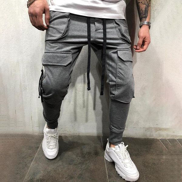 

streetwear pants men 2021 black multi-pockets joggers los hombres conjuntos grey trousers elastic waist male men's