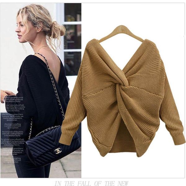 

women loose knitted pullover female autumn casual v-neck backless solid size knitting outwear girl fashion jumper women's swe, White;black