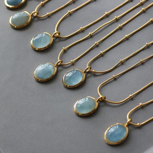 

pendant necklaces korean style gold chain blue stone clavicle necklace oval shape crystal opal for women lady party jewelry gift, Silver