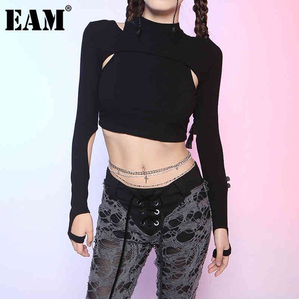 

[eam] women hollow out short ways wear black t-shirt round neck long sleeve fashion spring summer 1dd8450 21512, White