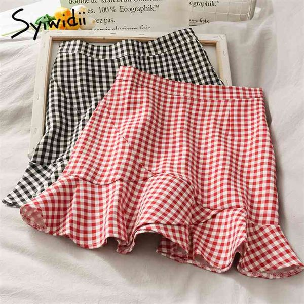 

ruffles spliced plaid high waist mermaid skirt women casual a-line spring summer korean fashion mini skirts 210607, Black